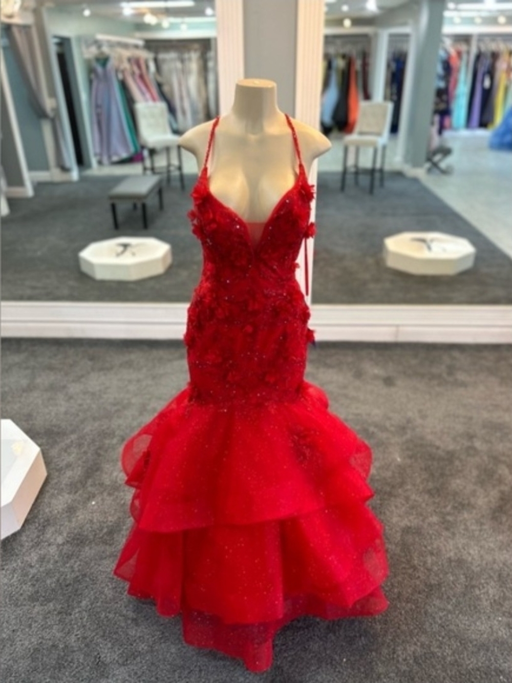 Cinderella Divine Red Floral Mermaid Formal Gown